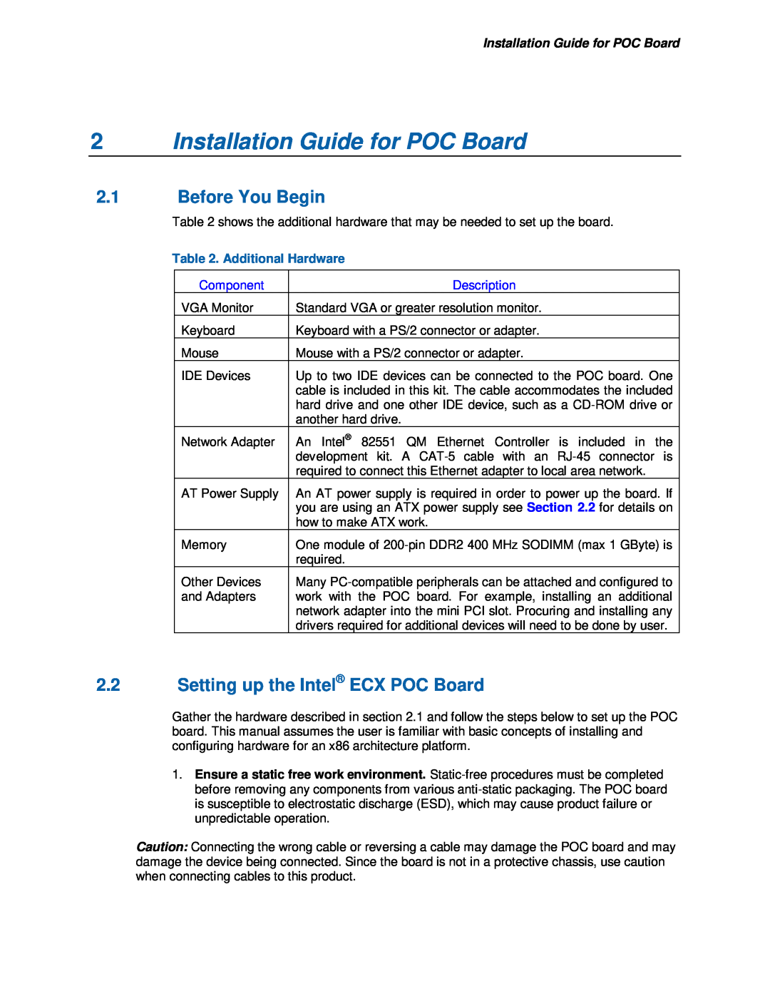 Intel 915GM 2Installation Guide for POC Board, 2.1Before You Begin, 2.2Setting up the Intel ECX POC Board, Component 