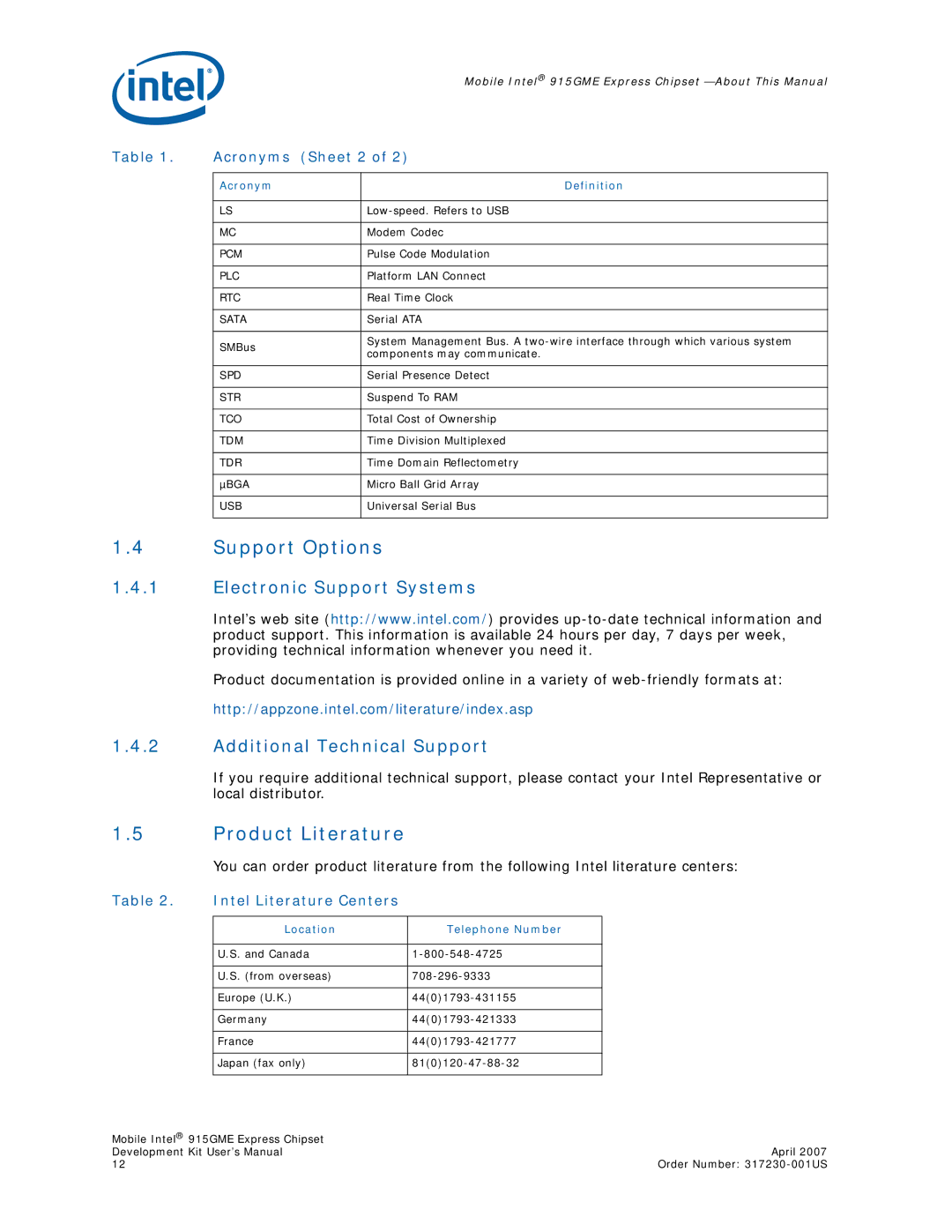 Intel 915GME user manual Support Options, Product Literature, Electronic Support Systems, Additional Technical Support 