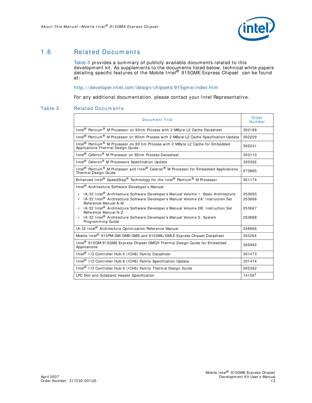 Intel 915GME user manual Related Documents, Document Title Order Number 