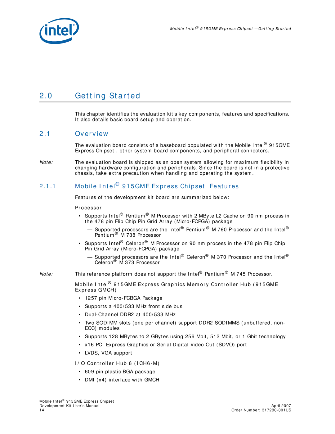 Intel user manual Overview, Mobile Intel 915GME Express Chipset Features 