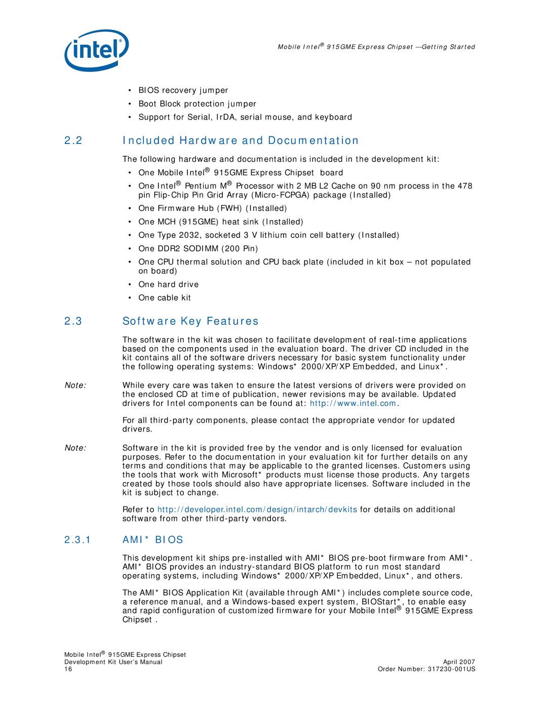 Intel 915GME user manual Included Hardware and Documentation, Software Key Features, 1 AMI* Bios 