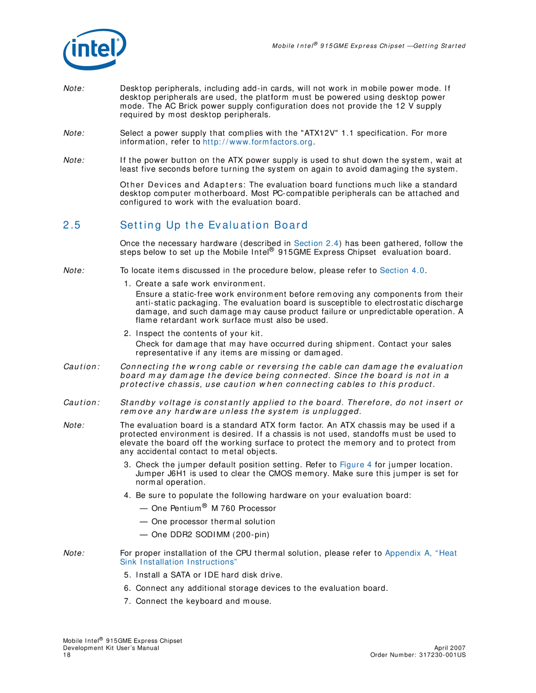 Intel 915GME user manual Setting Up the Evaluation Board, Remove any hardware unless the system is unplugged 