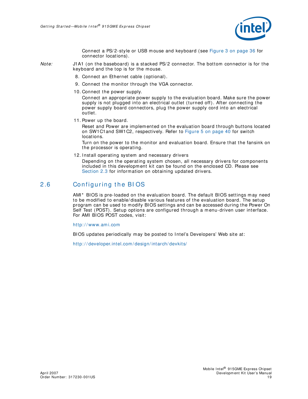 Intel 915GME user manual Configuring the Bios 