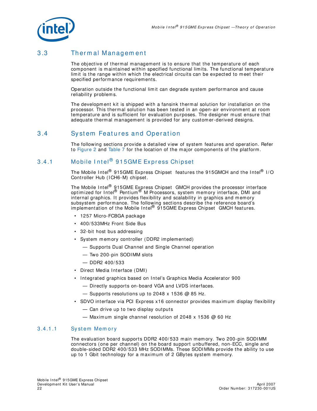 Intel user manual Thermal Management, System Features and Operation, Mobile Intel 915GME Express Chipset, System Memory 