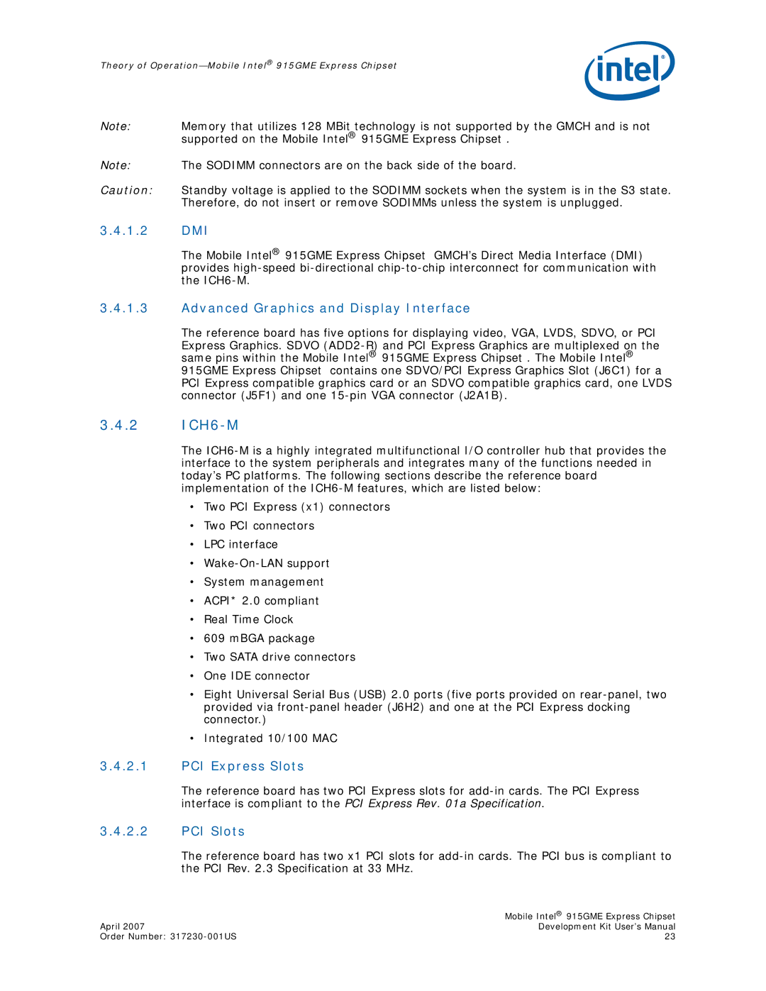 Intel 915GME user manual 2 ICH6-M, 1.2 DMI, Advanced Graphics and Display Interface, PCI Express Slots, PCI Slots 