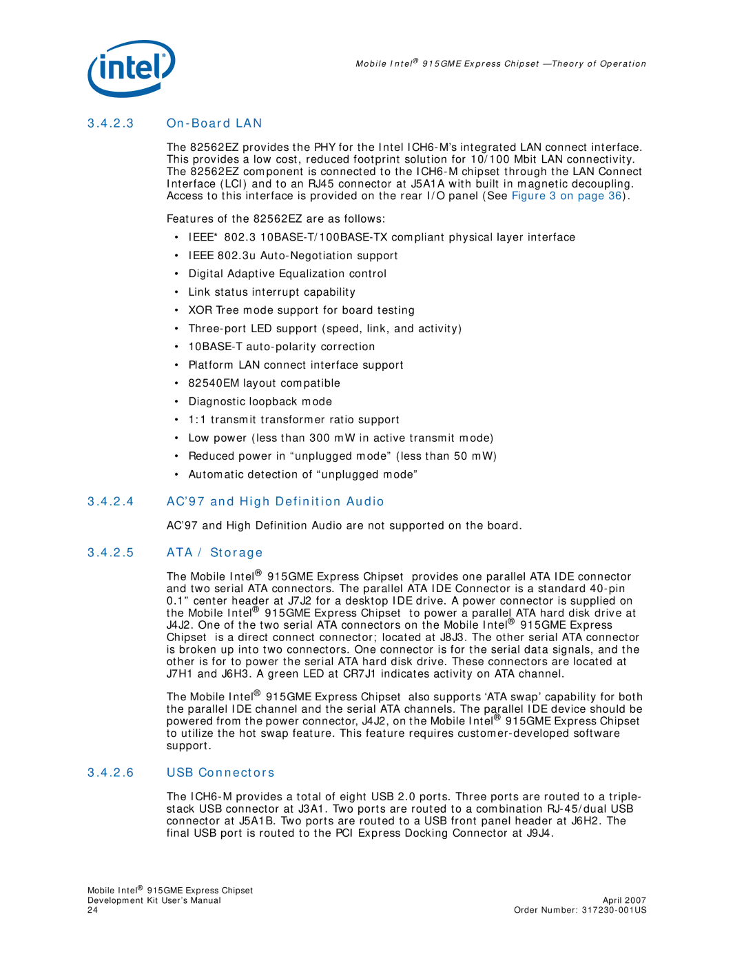 Intel 915GME user manual On-Board LAN, 2.4 AC’97 and High Definition Audio, ATA / Storage, USB Connectors 