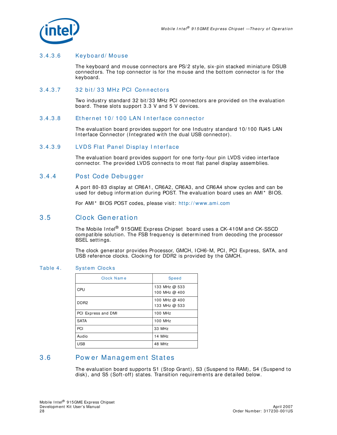 Intel 915GME user manual Clock Generation, Power Management States, Post Code Debugger 