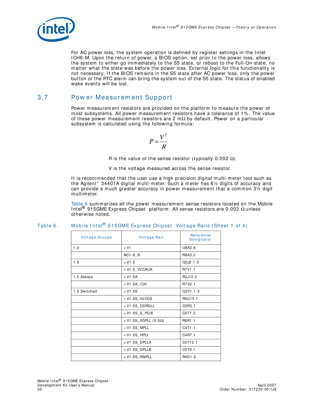 Intel user manual Power Measurement Support, Mobile Intel 915GME Express Chipset Voltage Rails Sheet 1 