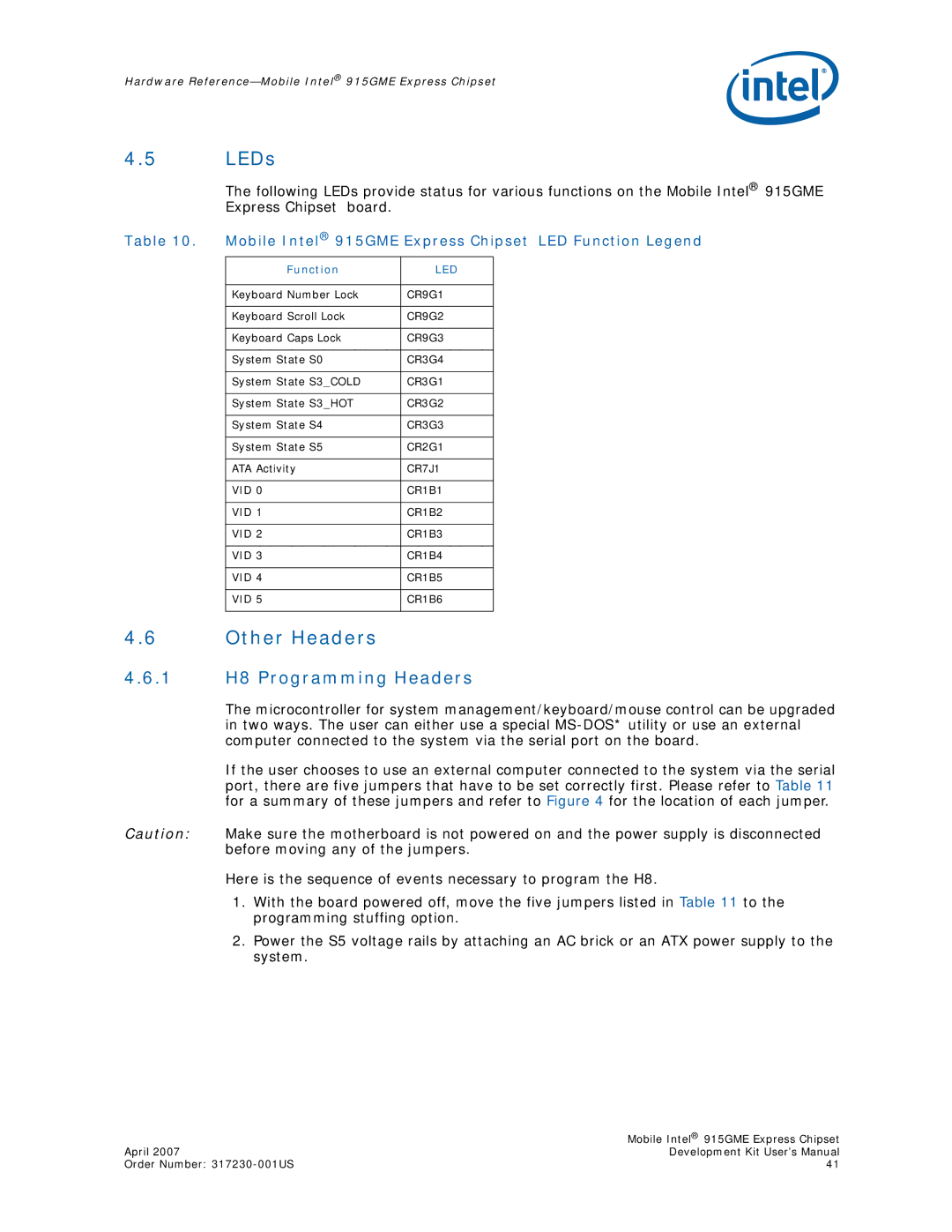 Intel user manual LEDs, Other Headers, 1 H8 Programming Headers, Mobile Intel 915GME Express Chipset LED Function Legend 