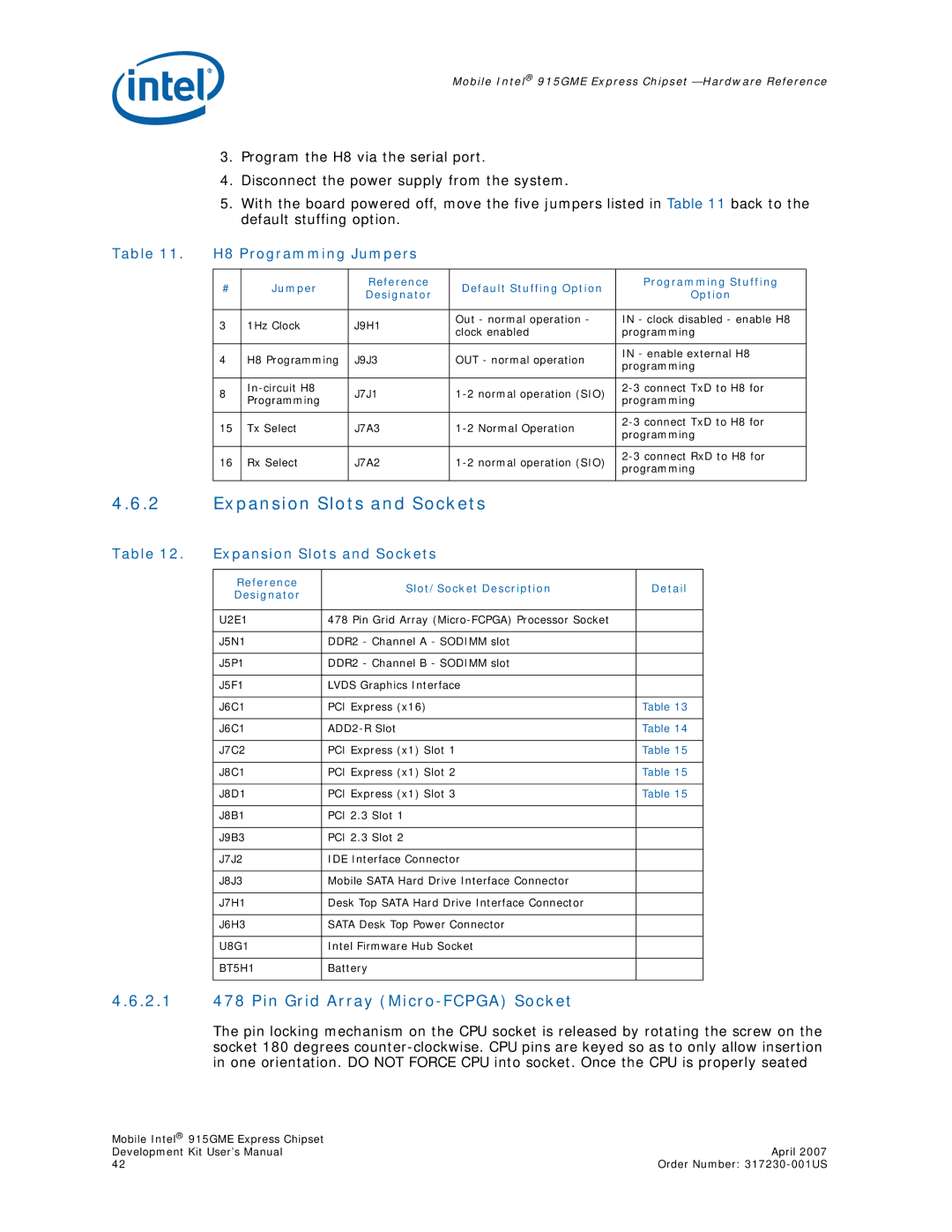 Intel 915GME user manual Expansion Slots and Sockets, 2.1 478 Pin Grid Array Micro-FCPGA Socket, H8 Programming Jumpers 