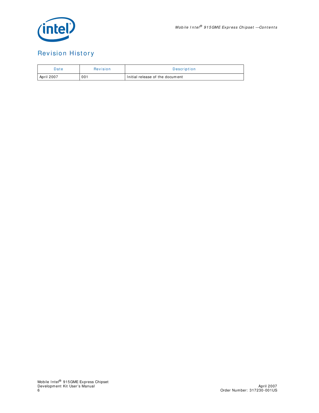 Intel 915GME user manual Revision History 