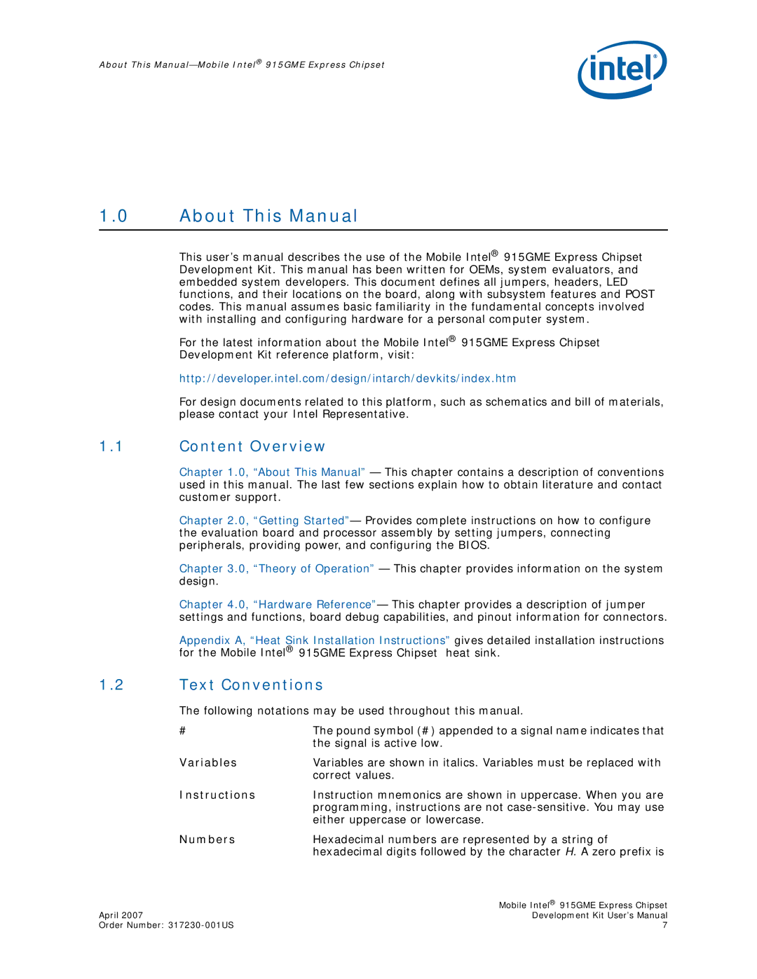 Intel 915GME user manual Content Overview, Text Conventions 