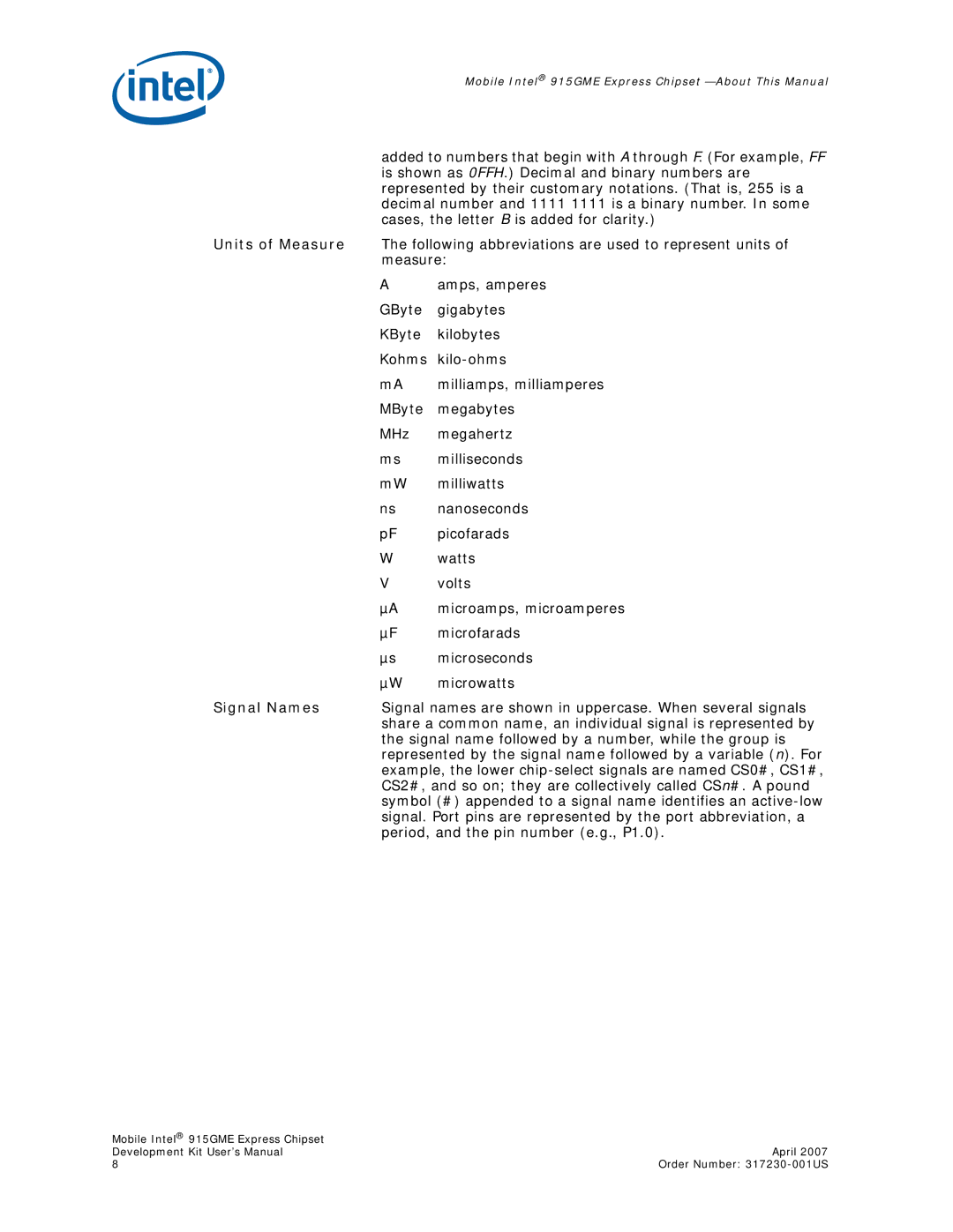 Intel 915GME user manual Microfarads 