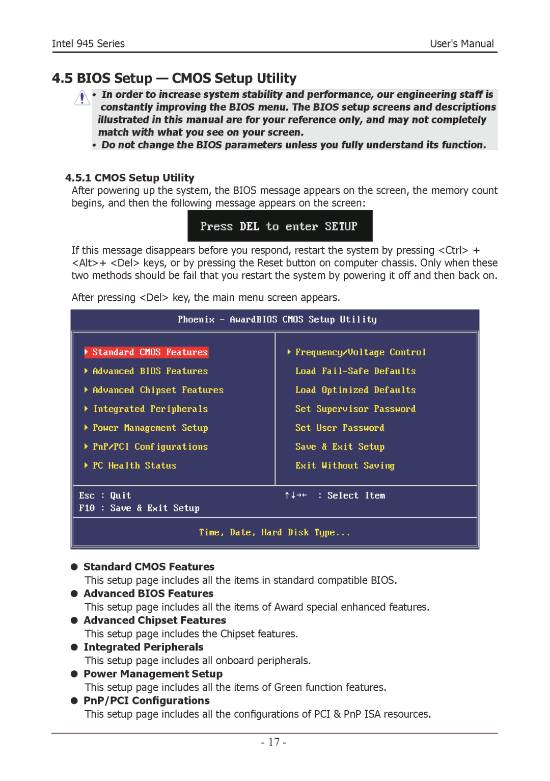 Intel 945GZT, 945GCT user manual Bios Setup Cmos Setup Utility 