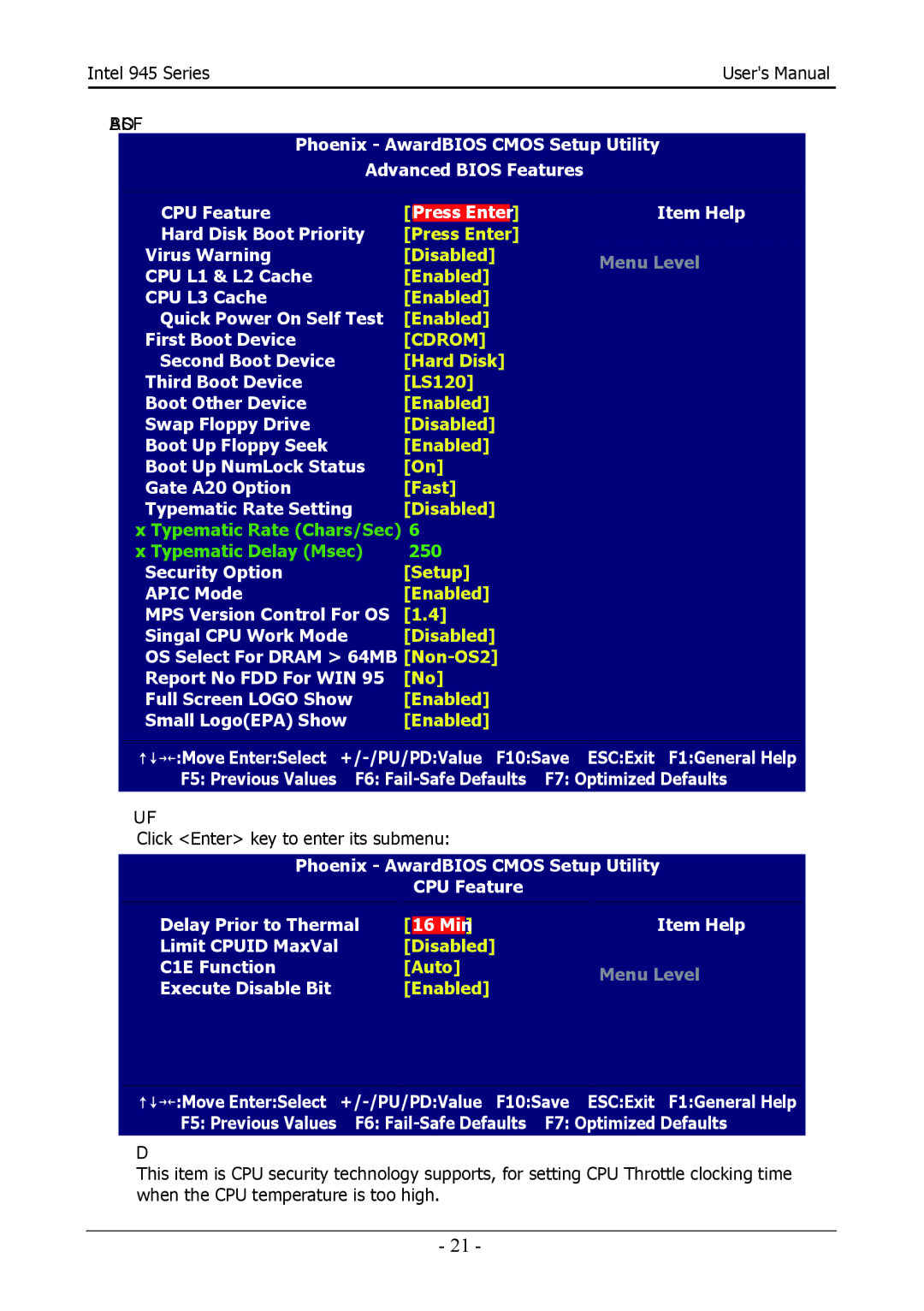 Intel 945GZT, 945GCT user manual CPU Feature, Delay Prior to Thermal 