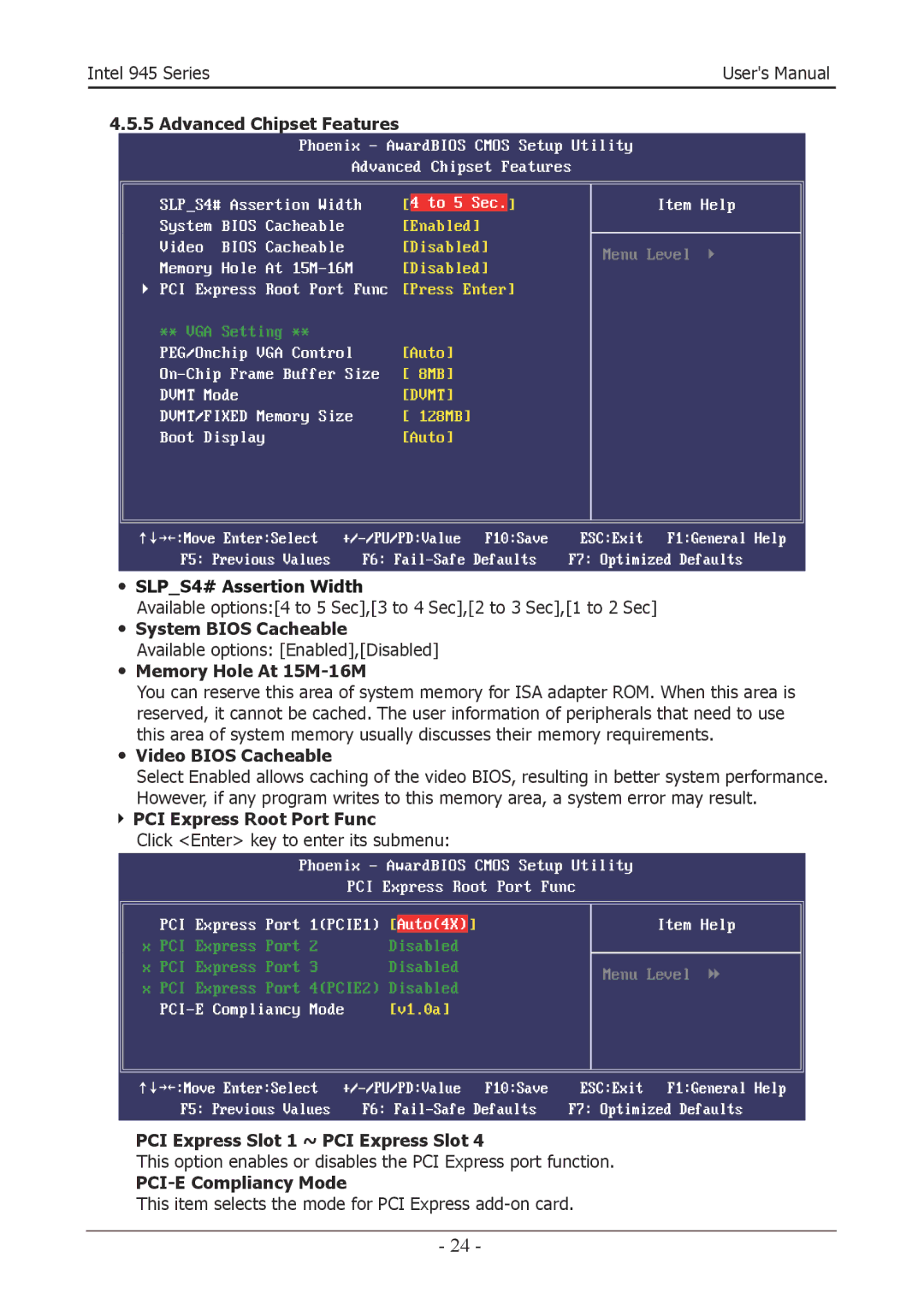 Intel 945GC, 945GZ ・ SLPS4# Assertion Width, ・ System Bios Cacheable, ・ Memory Hole At 15M-16M, ・ Video Bios Cacheable 