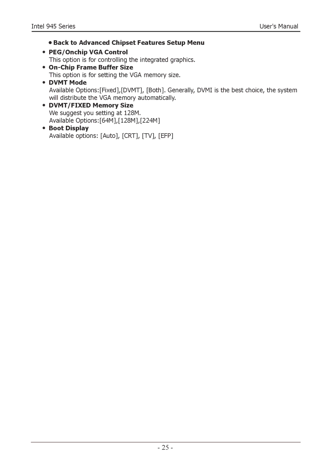 Intel 945GZT, 945GCT user manual ・ On-Chip Frame Buffer Size, ・ Dvmt Mode 