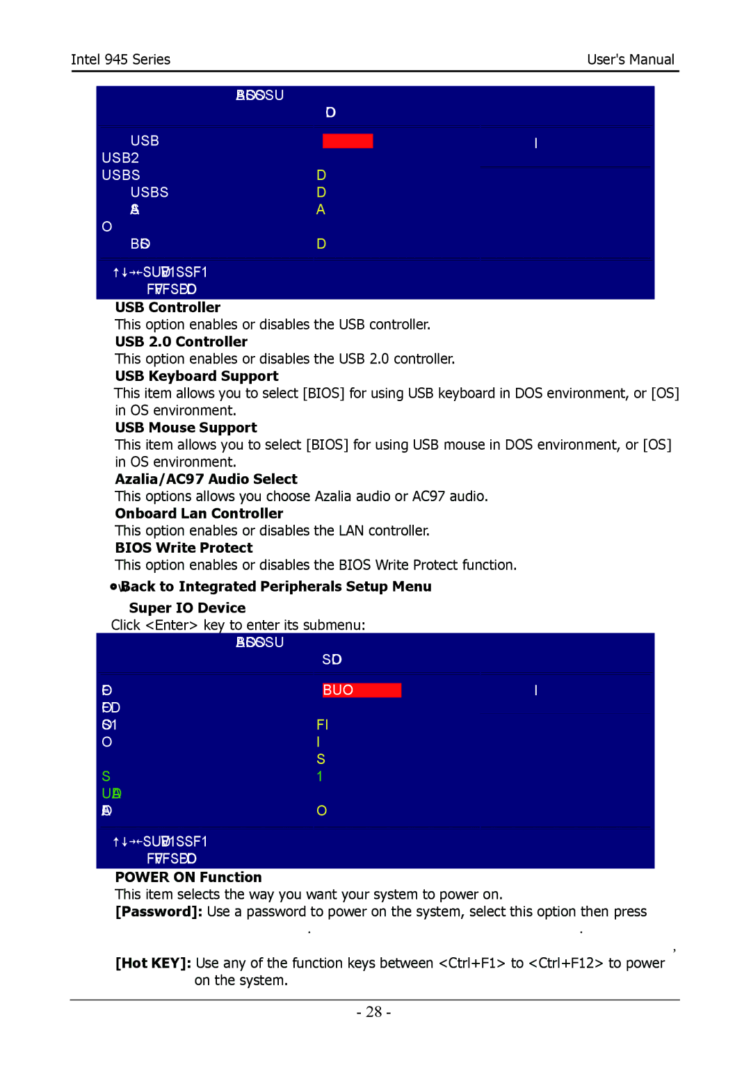 Intel 945GC, 945GZ USB Controller, USB 2.0 Controller, USB Keyboard Support, USB Mouse Support, Azalia/AC97 Audio Select 