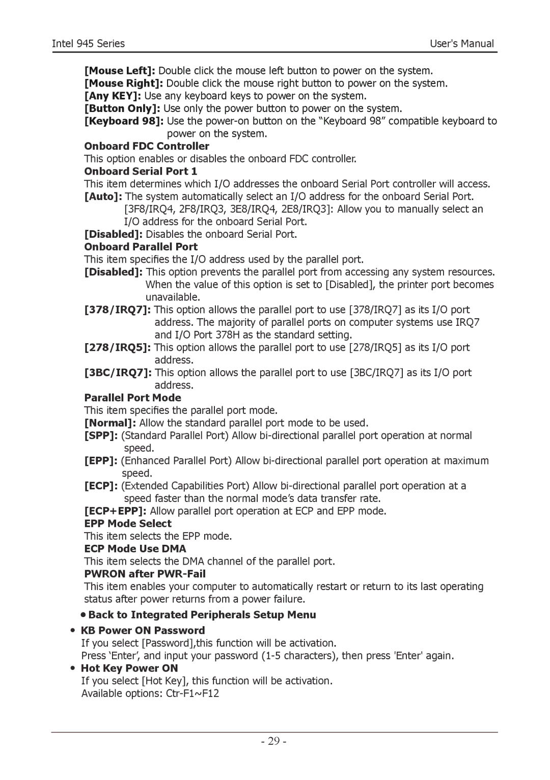 Intel 945GZT Onboard FDC Controller, Onboard Serial Port, Onboard Parallel Port, Parallel Port Mode, EPP Mode Select 