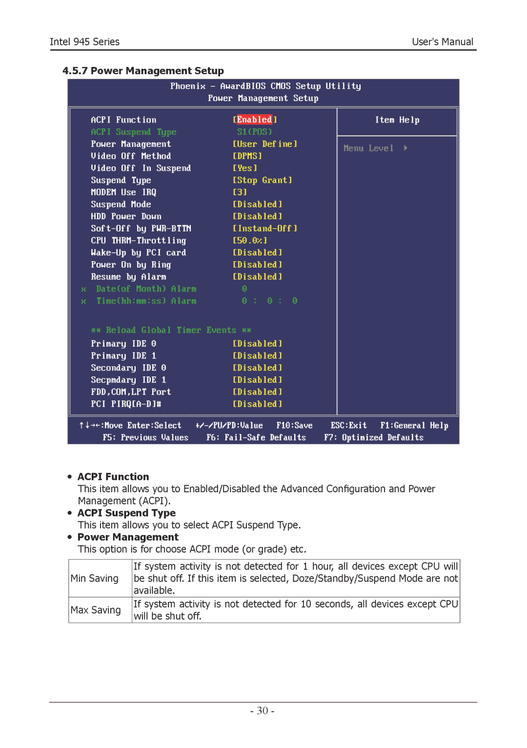 Intel 945GCT, 945GZT user manual ・ Acpi Function, ・ Acpi Suspend Type, ・ Power Management 