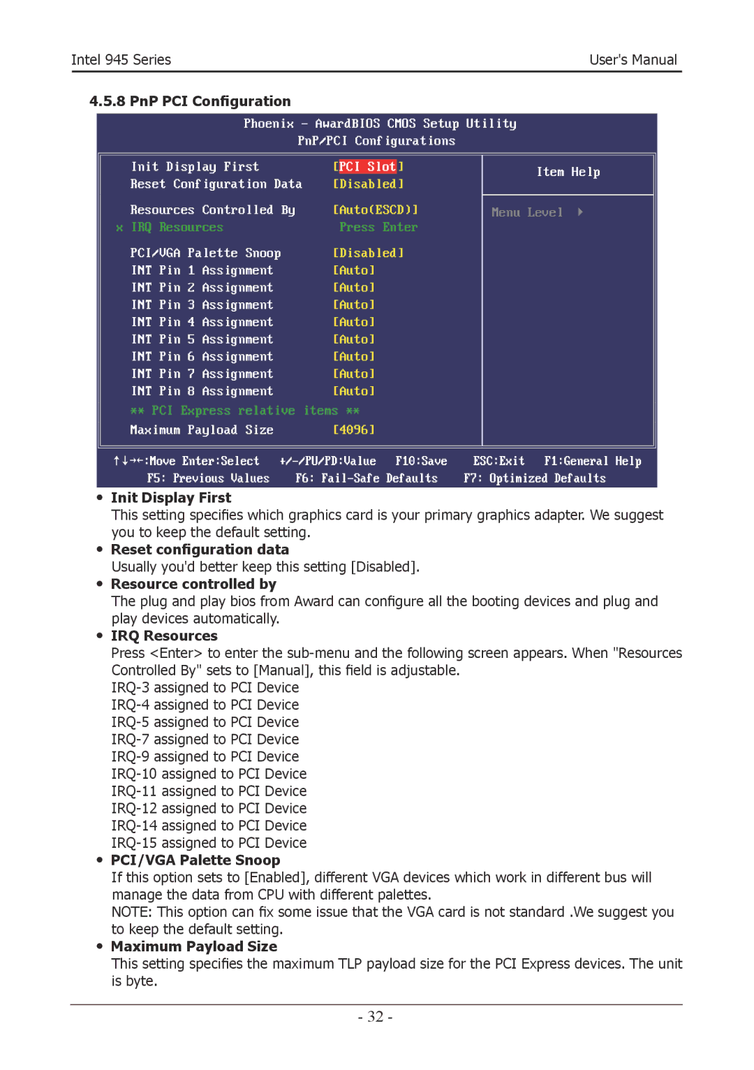 Intel 945GZT, 945GCT ・ Init Display First, ・ Reset configuration data, ・ Resource controlled by, ・ IRQ Resources 