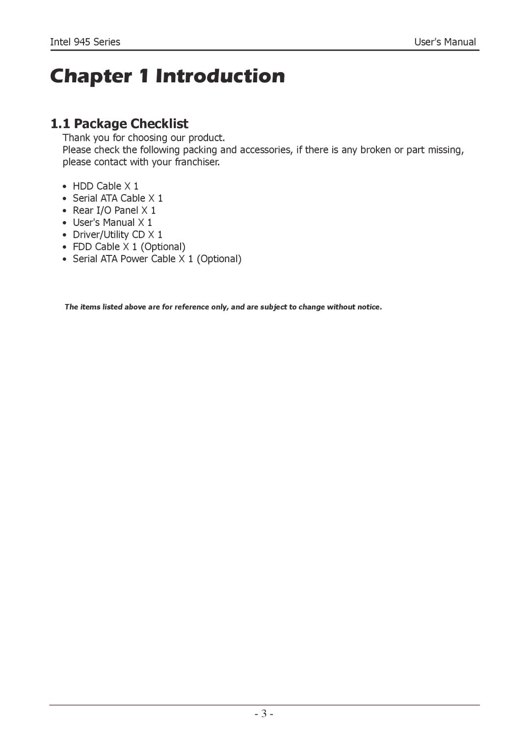 Intel 945GZT, 945GCT user manual Introduction, Package Checklist 