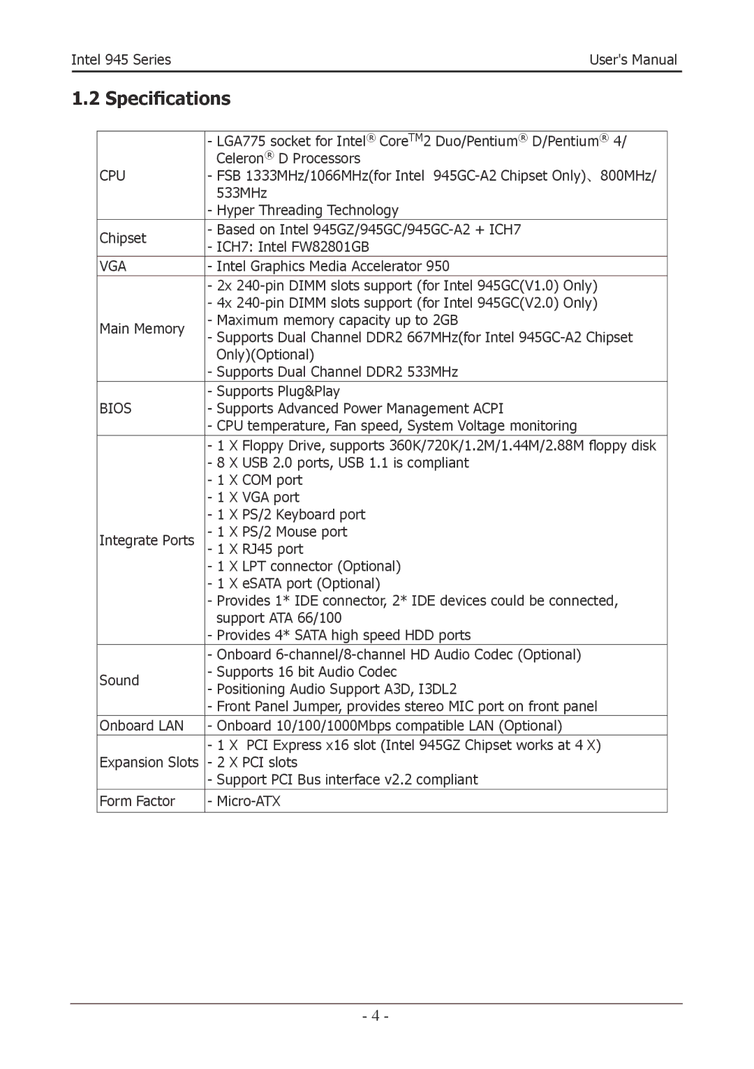 Intel 945GZT, 945GCT user manual Specifications, Cpu 