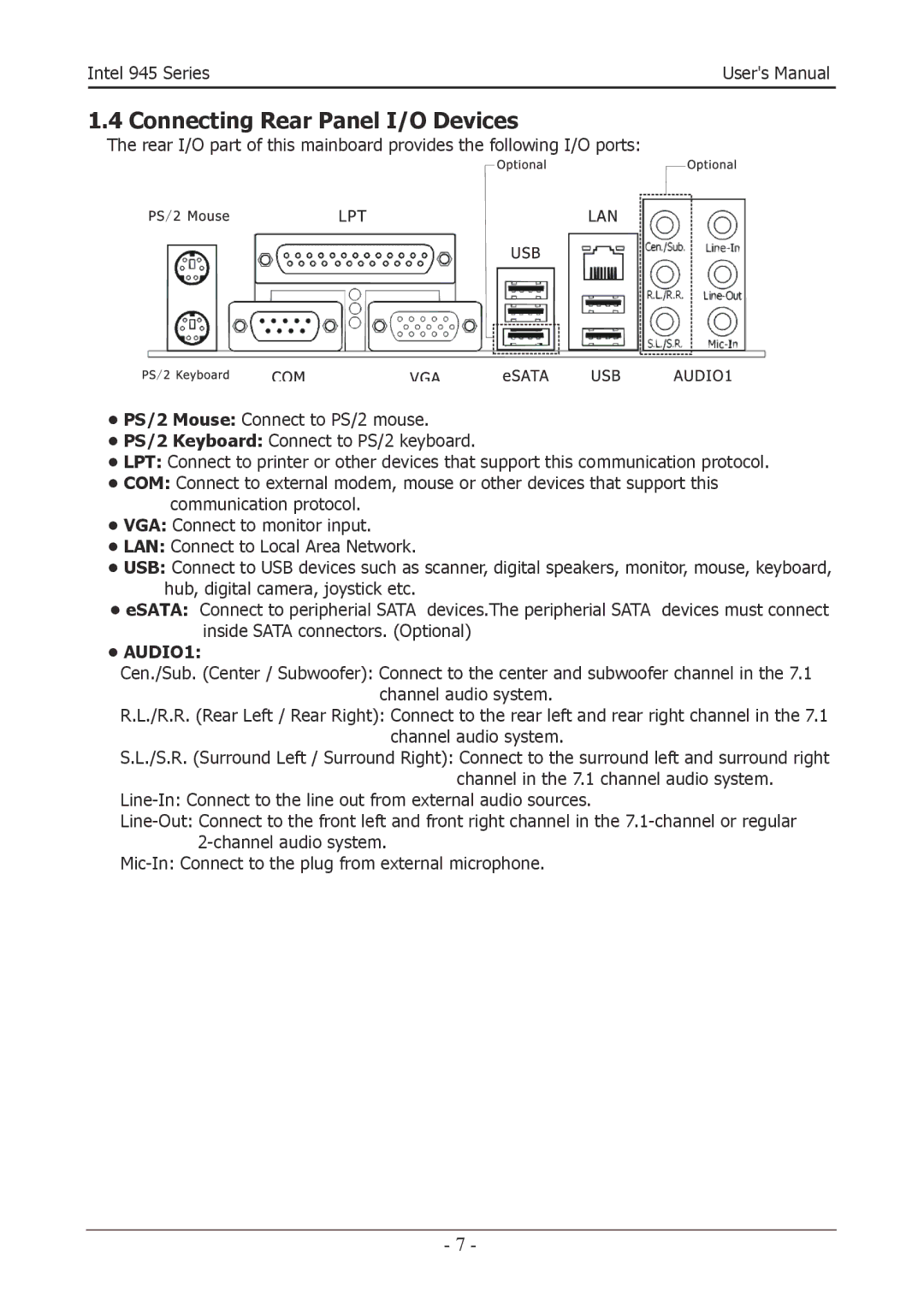 Intel 945GZT, 945GCT user manual Connecting Rear Panel I/O Devices, AUDIO1 