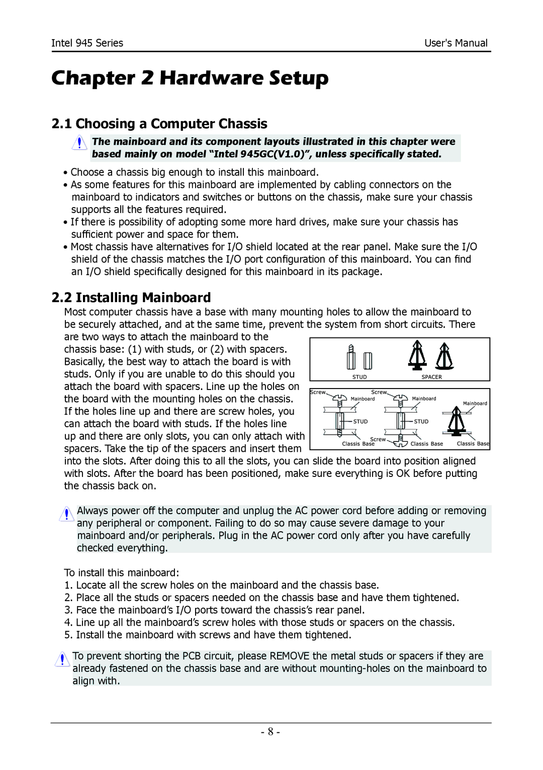 Intel 945GZT, 945GCT user manual Choosing a Computer Chassis, Installing Mainboard 