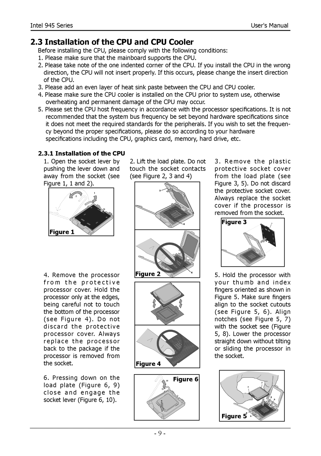 Intel 945GZT, 945GCT user manual Installation of the CPU and CPU Cooler 