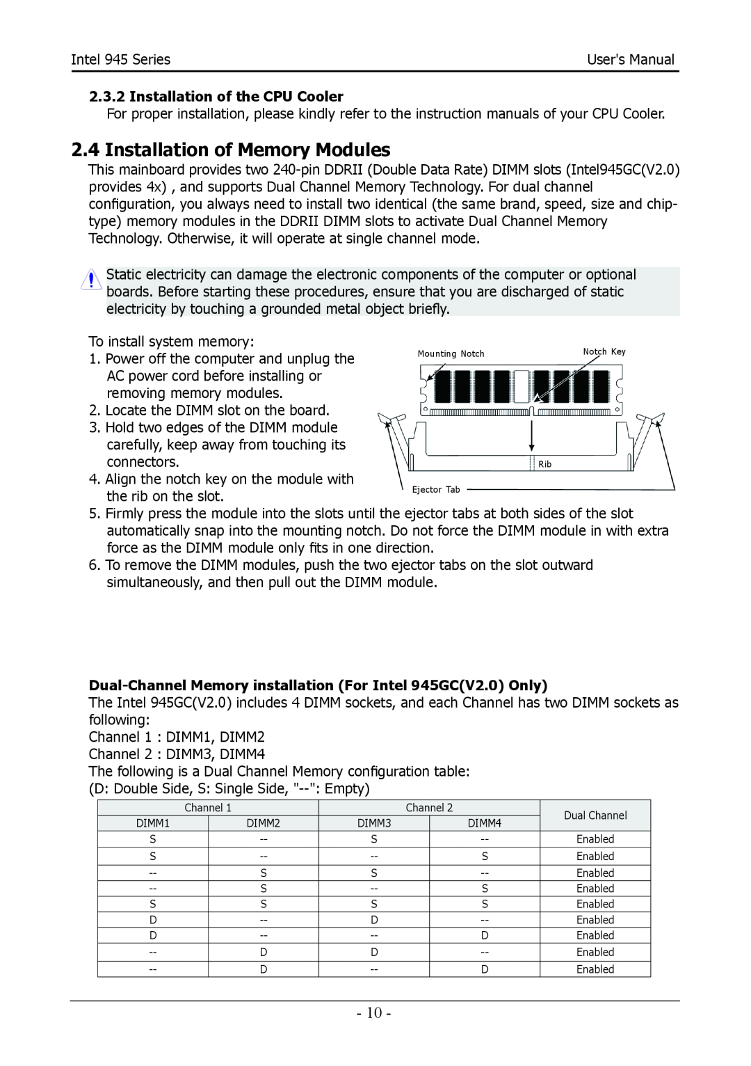 Intel 945GCT, 945GZT user manual Installation of Memory Modules, Installation of the CPU Cooler 