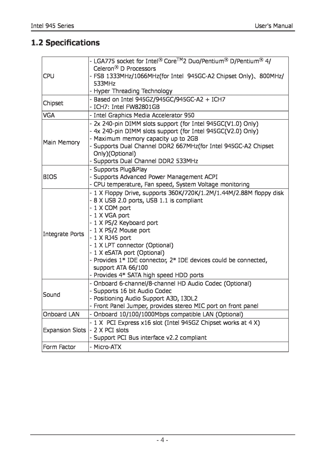 Intel 945GZT, 945GCT user manual Specifications 