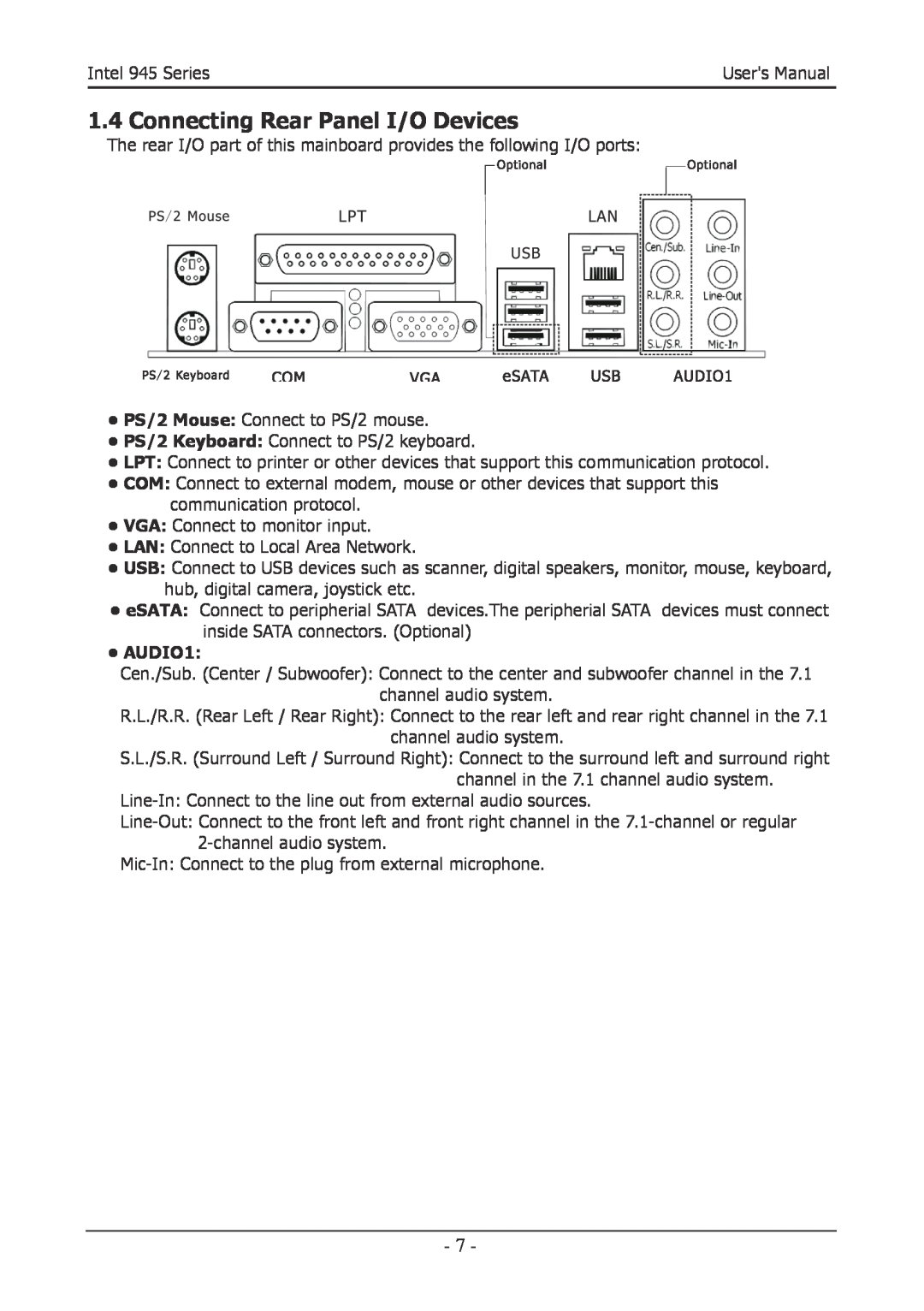 Intel 945GZT, 945GCT user manual Connecting Rear Panel I/O Devices, AUDIO1 