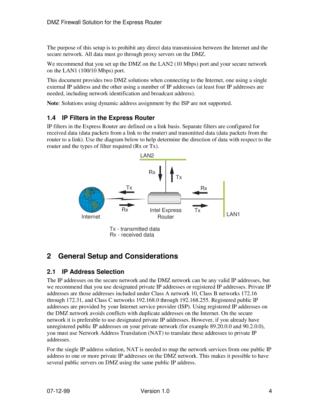 Intel 9535, 9515, 9525 manual General Setup and Considerations, IP Filters in the Express Router, IP Address Selection 