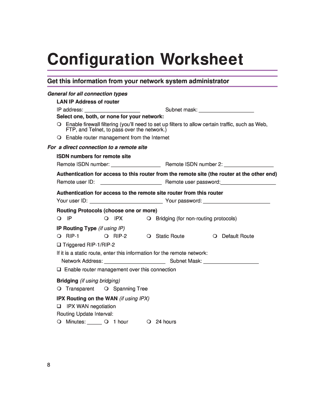 Intel 9545 quick start Configuration Worksheet, General for all connection types, LAN IP Address of router, Subnet mask 