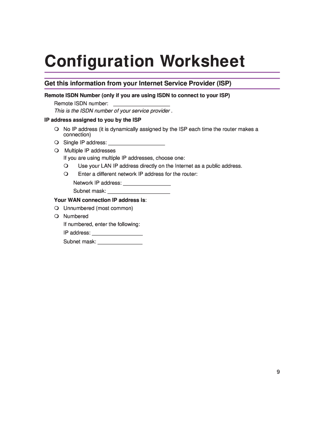 Intel 9545 Configuration Worksheet, This is the ISDN number of your service provider, Your WAN connection IP address is 