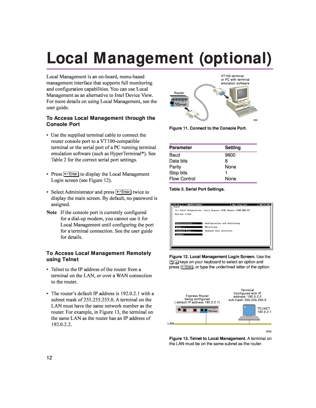 Intel 9545 quick start Local Management optional, To Access Local Management Remotely using Telnet 