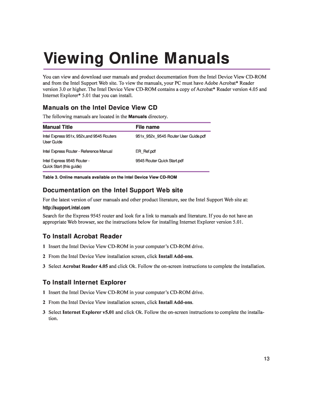 Intel 9545 Viewing Online Manuals, Manuals on the Intel Device View CD, Documentation on the Intel Support Web site 