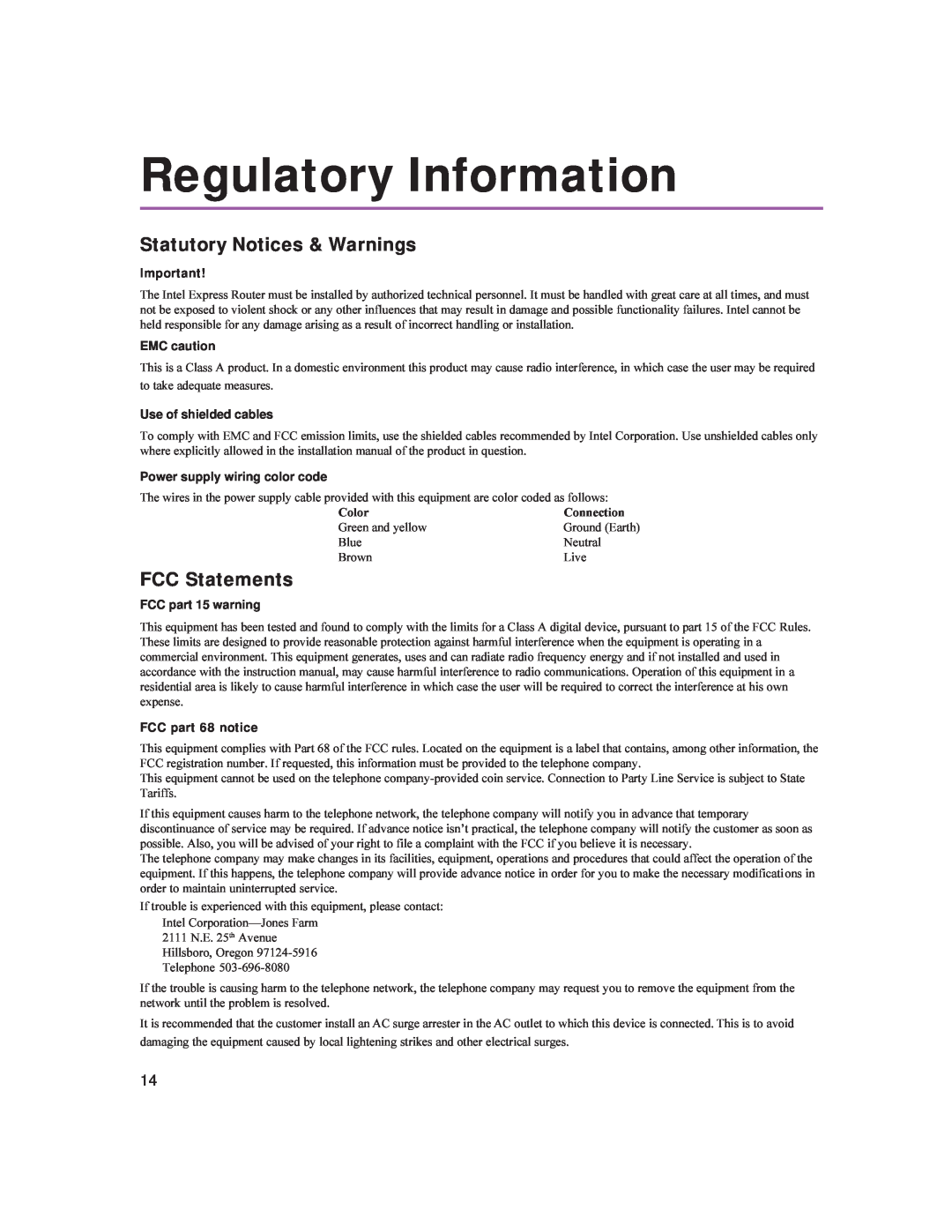 Intel 9545 Regulatory Information, Statutory Notices & Warnings, FCC Statements, EMC caution, Use of shielded cables 