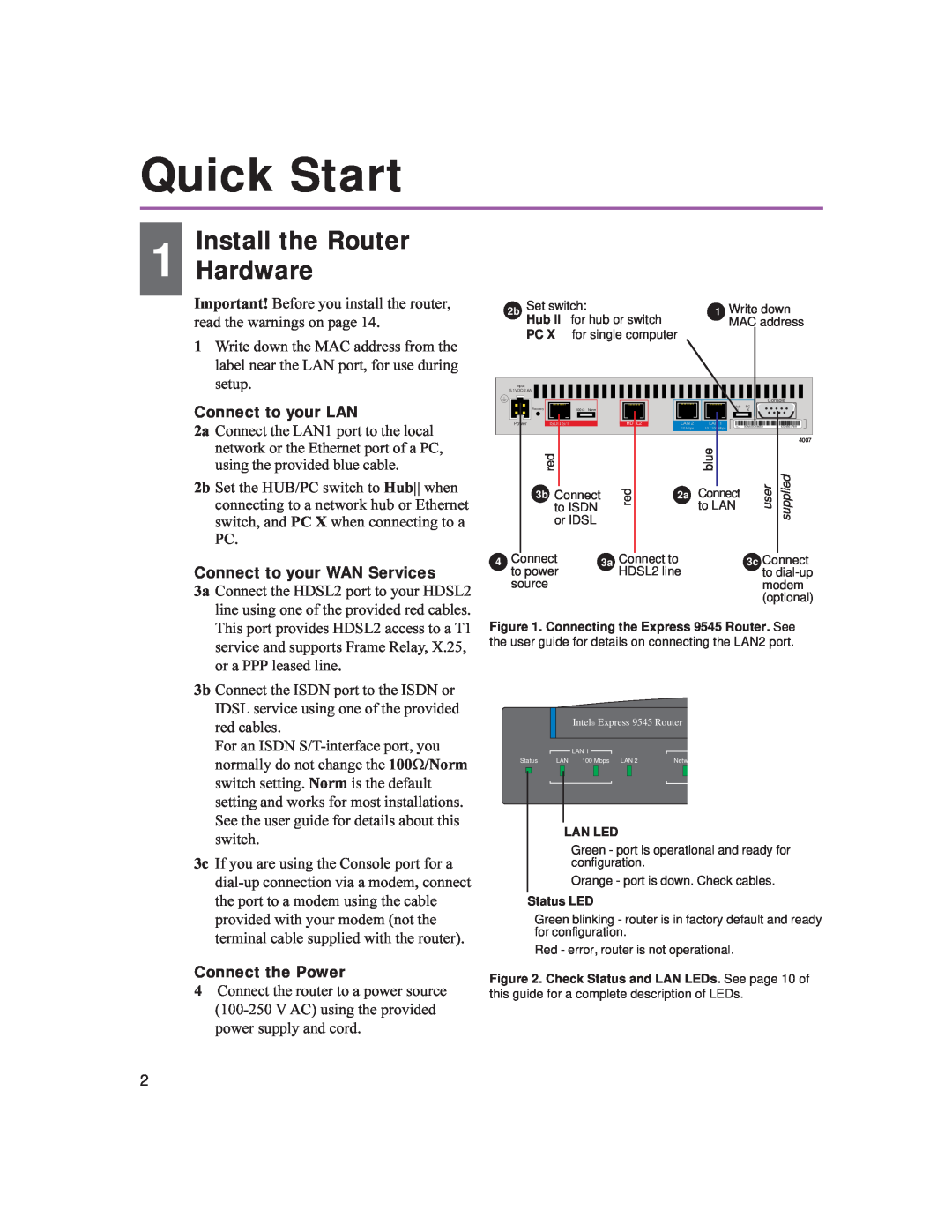 Intel 9545 quick start Quick Start, Install the Router 1 Hardware, Connect to your LAN, Connect to your WAN Services 