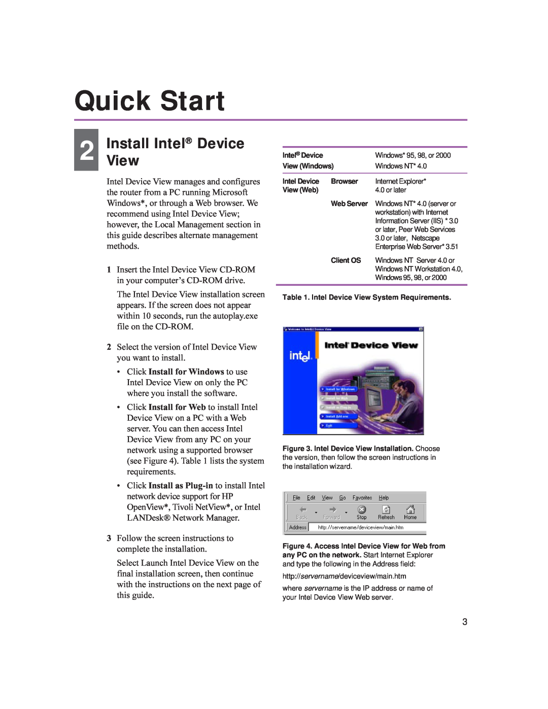 Intel 9545 Quick Start, InstallView Intel Device, View Windows, Intel Device Browser, View Web, Web Server, Client OS 
