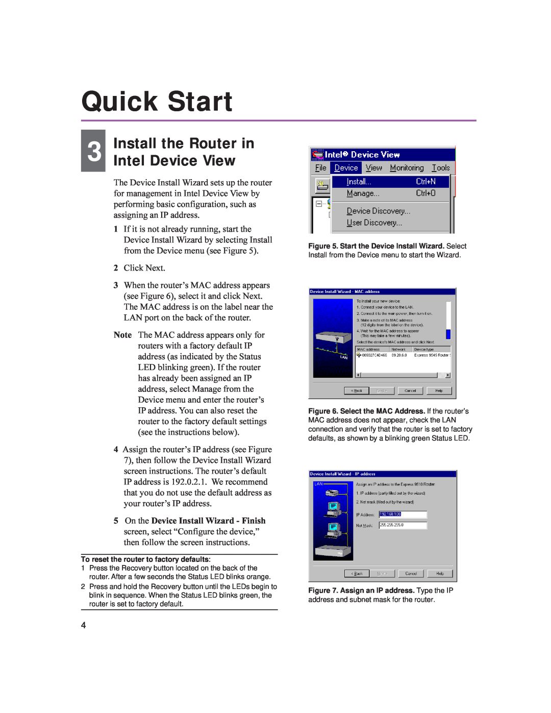 Intel 9545 quick start Quick Start, Install the Router in Intel Device View, 2Click Next 