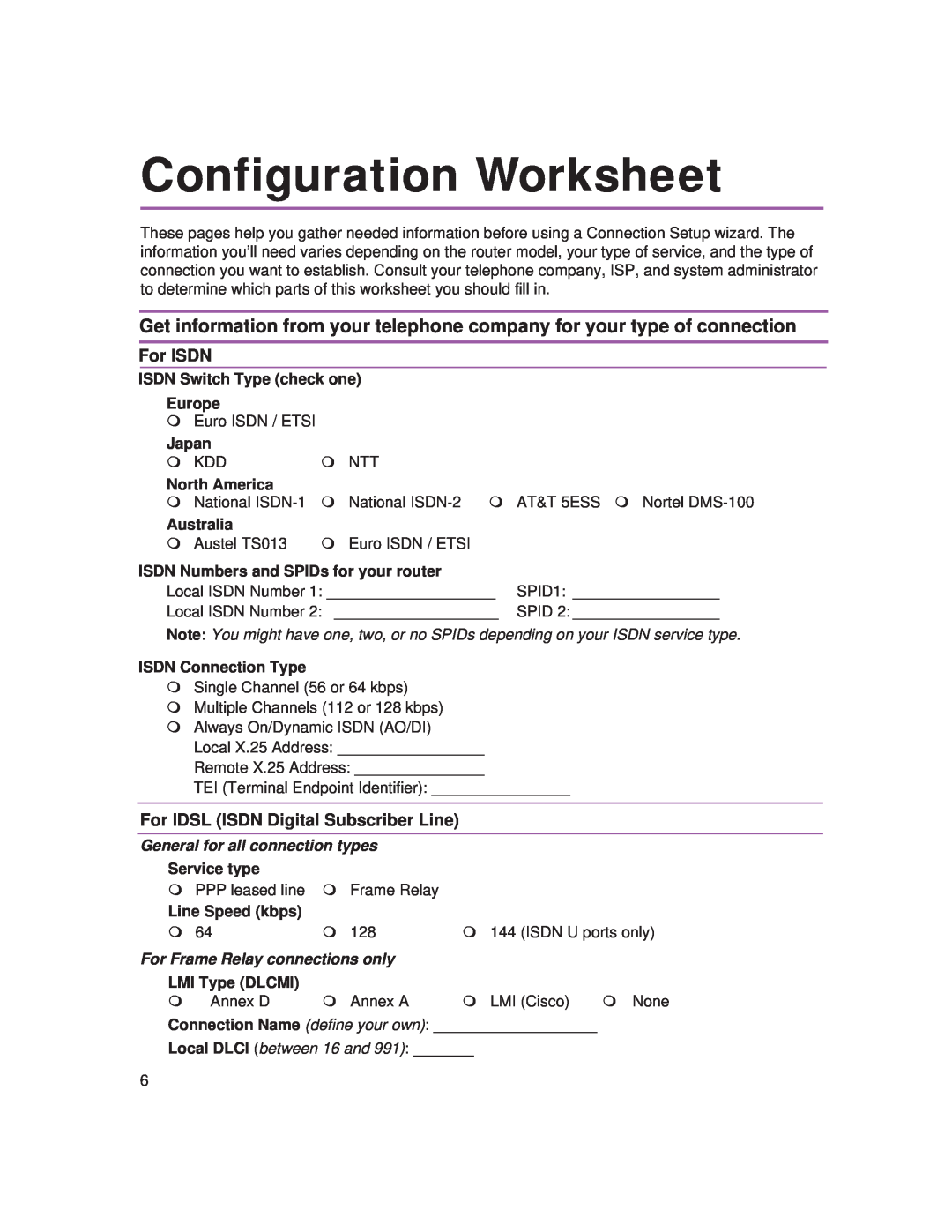 Intel 9545 Configuration Worksheet, For ISDN, For IDSL ISDN Digital Subscriber Line, General for all connection types 