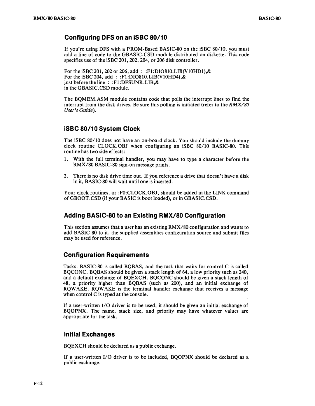 Intel 9800758-02 Configuring DFS on an iSBC 80/10, ISBC SO/10 System Clock, Configuration Requirements, Initial Exchanges 