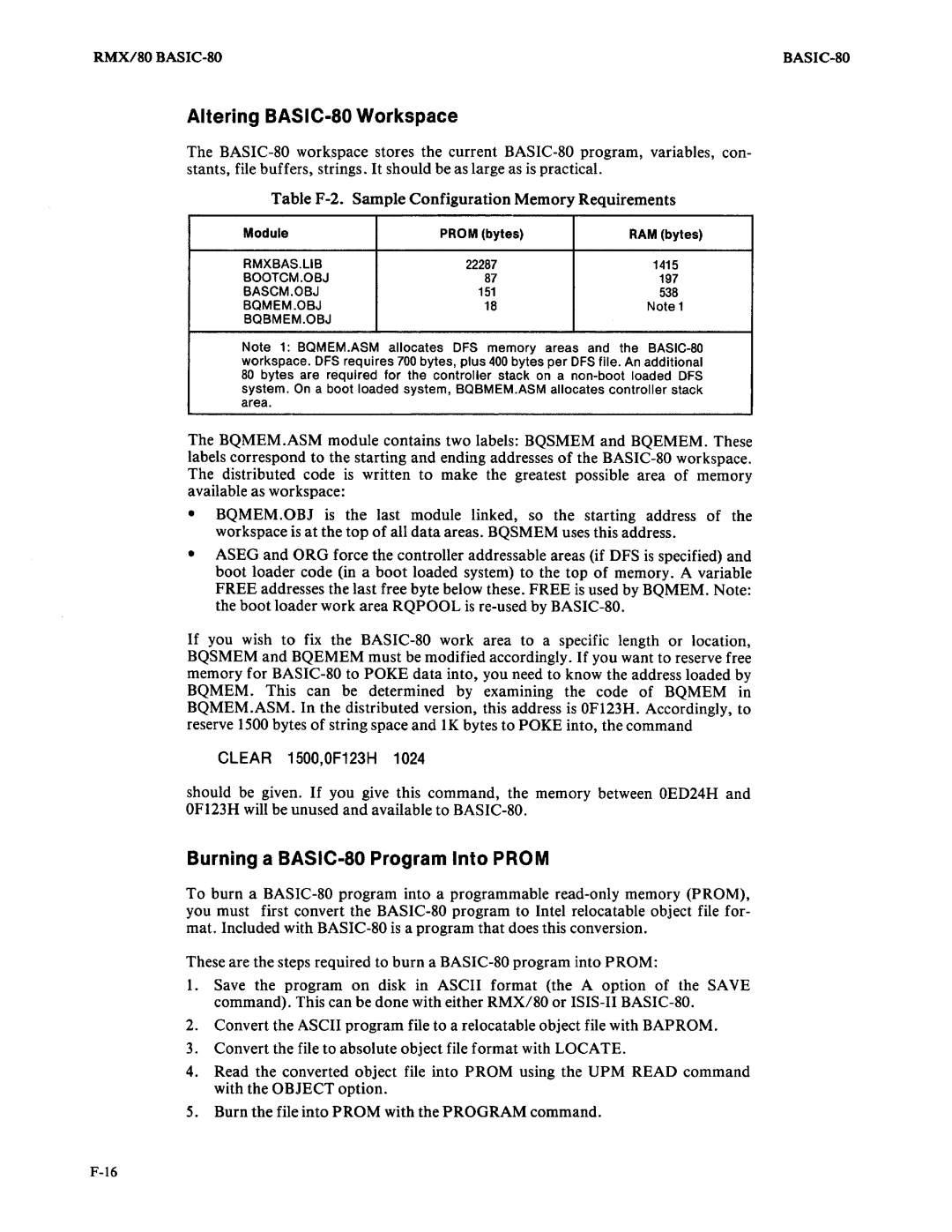 Intel 9800758-02 manual Altering BASIC-80 Workspace, Burning a BASIC-80 Program Into Prom 