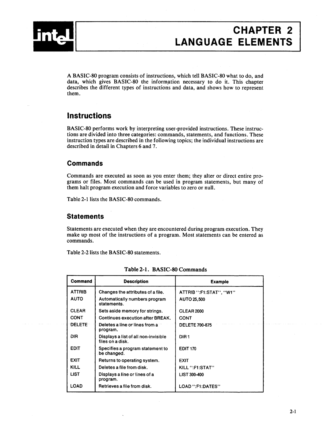 Intel 9800758-02 manual Commands, Statements 