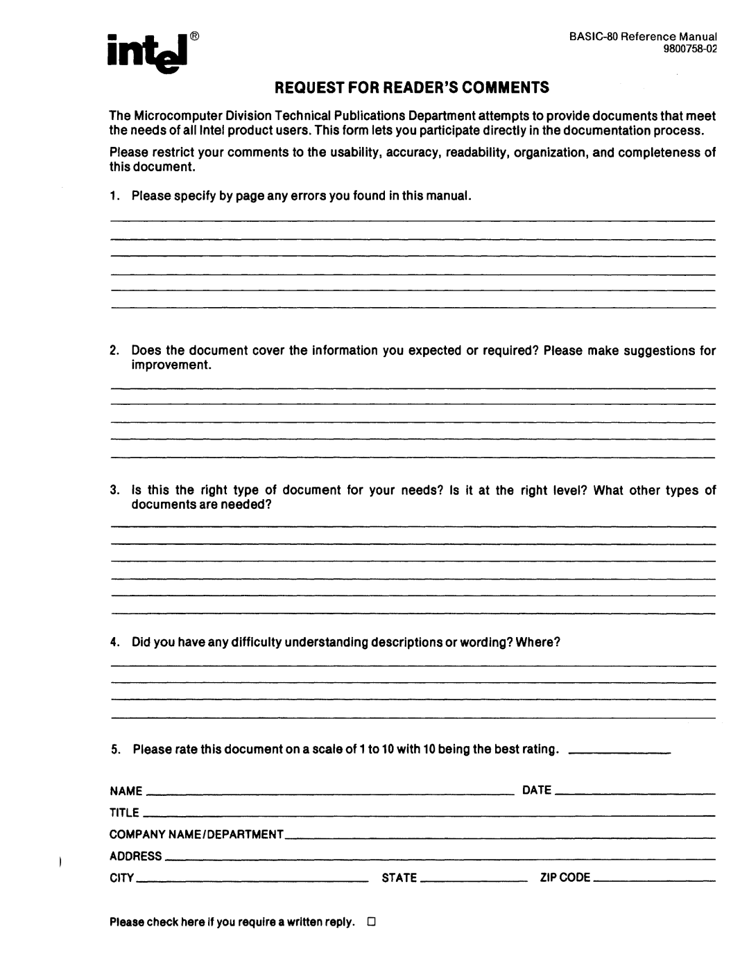 Intel 9800758-02 manual Request for Readerscomments 