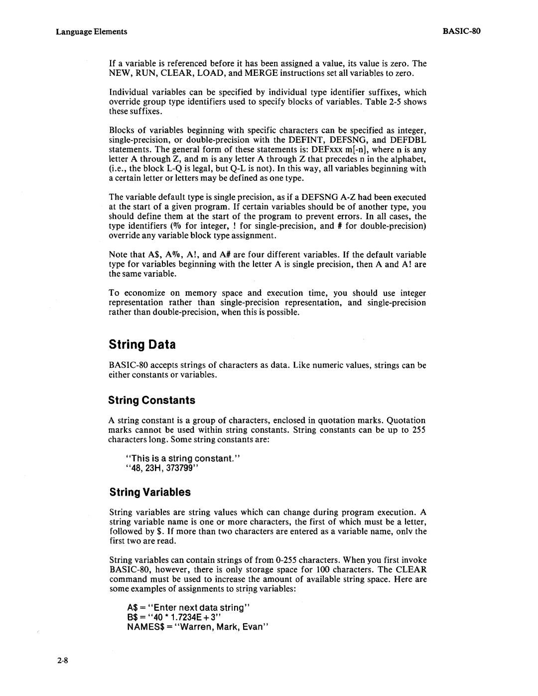 Intel 9800758-02 manual String Constants, String Variables, This is a string constant, $ = Enter next data string 