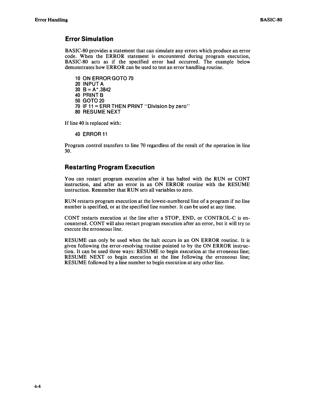 Intel 9800758-02 manual Error Simulation, Restarting Program Execution, Error Handling, If line 40 is replaced with 