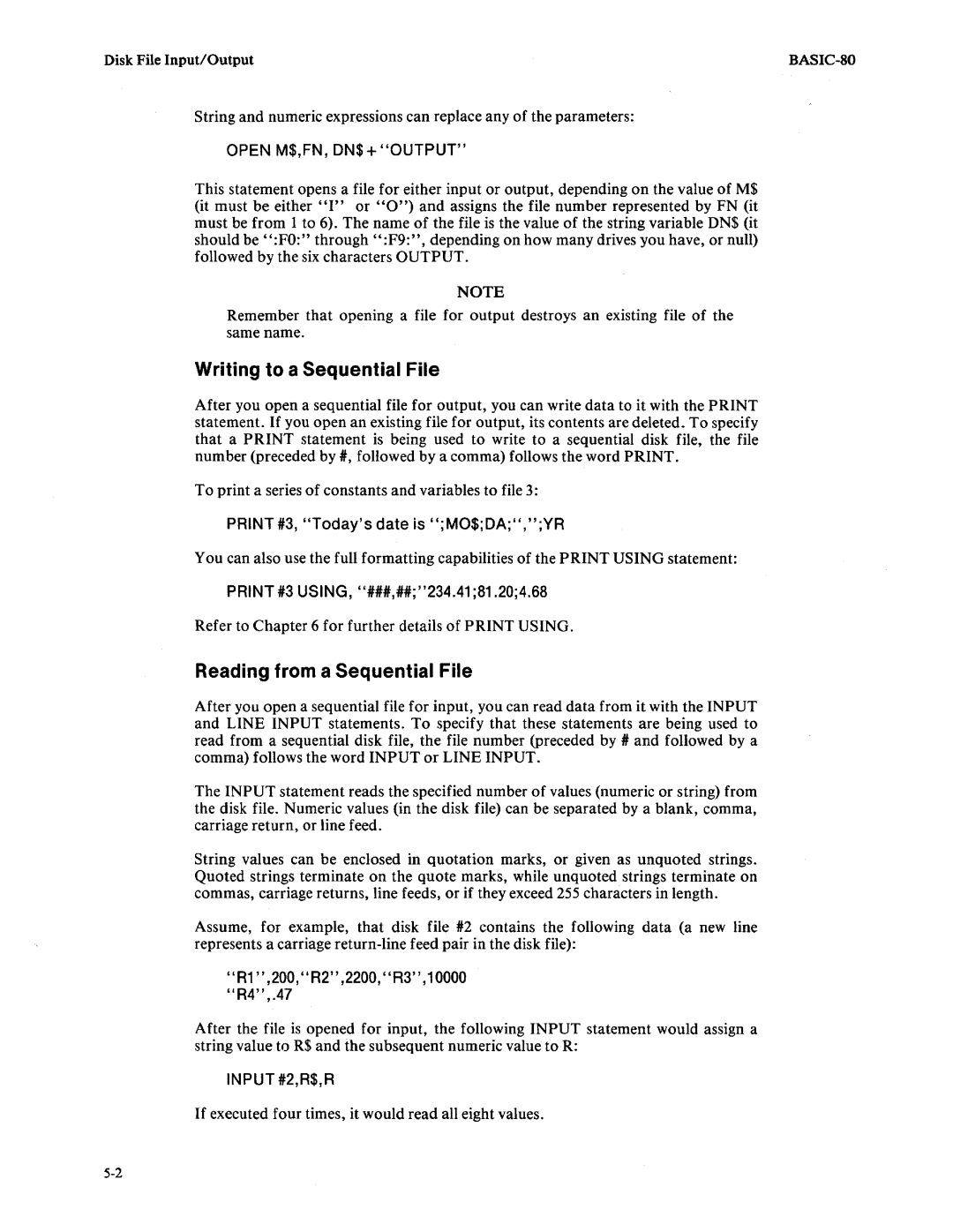 Intel 9800758-02 Writing to a Sequential File, Reading from a Sequential File, Refer to for further details of Print Using 